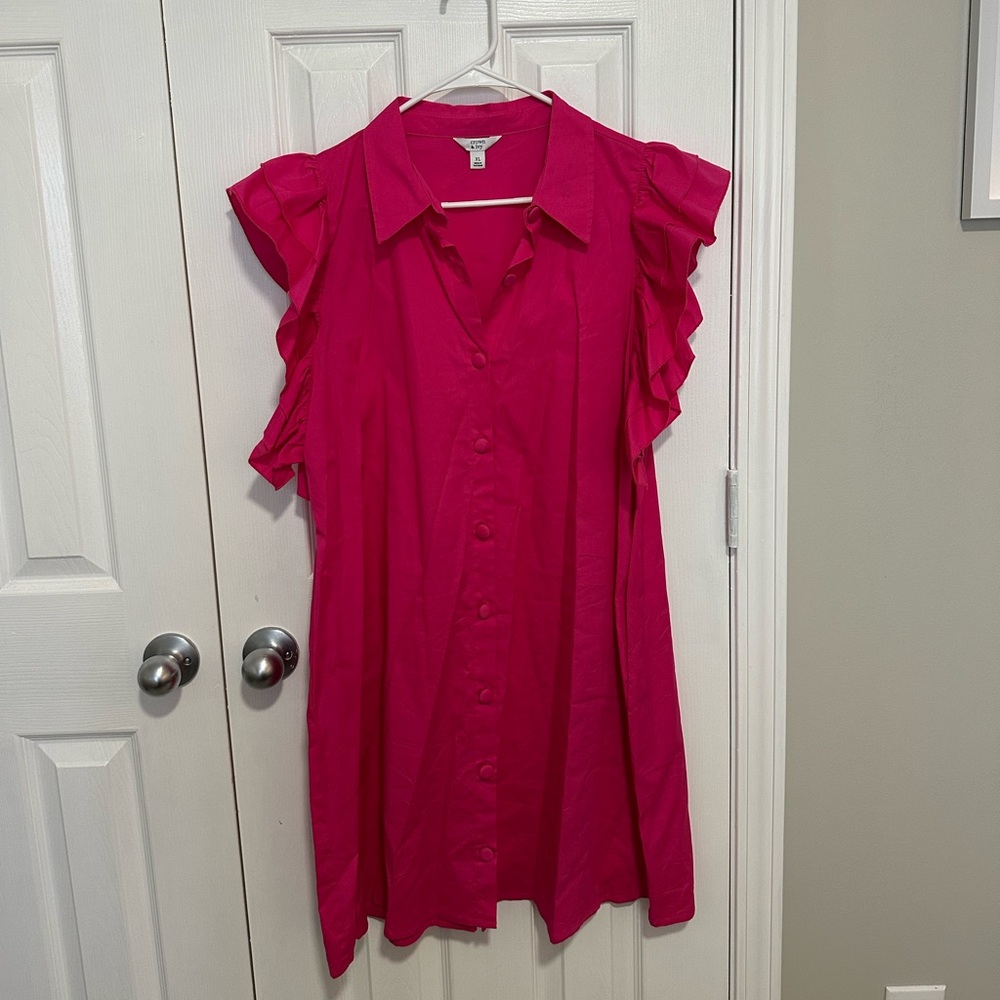 Crown & Ivy Vibrant Pink Ruffle Sleeve Button-Down Shirt